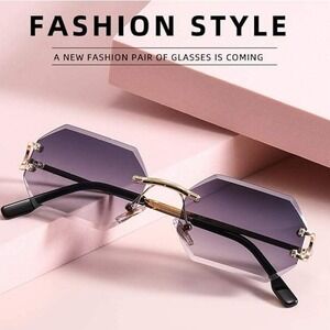 Rimless Sunglasses Men Octagon Frame Gradient Gray Lens Fashion Eyewear Hip‎ Hop